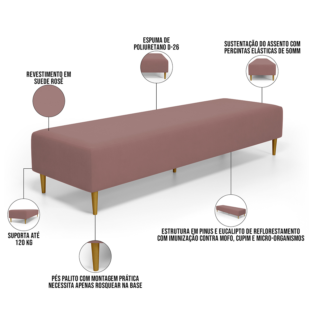 Kit 02 Puffs Decorativo Sala de Estar Bali W01 Pés Palito 170x60cm Suede Rosê - Lyam Decor