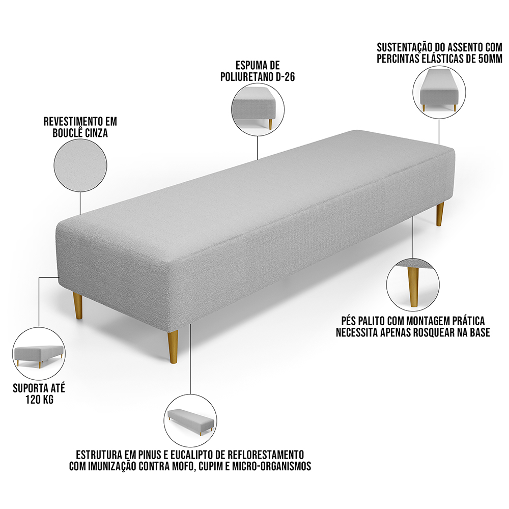 Kit 02 Puffs Decorativo Sala de Estar Bali W01 Pés Palito 190x60cm Bouclê Cinza - Lyam Decor