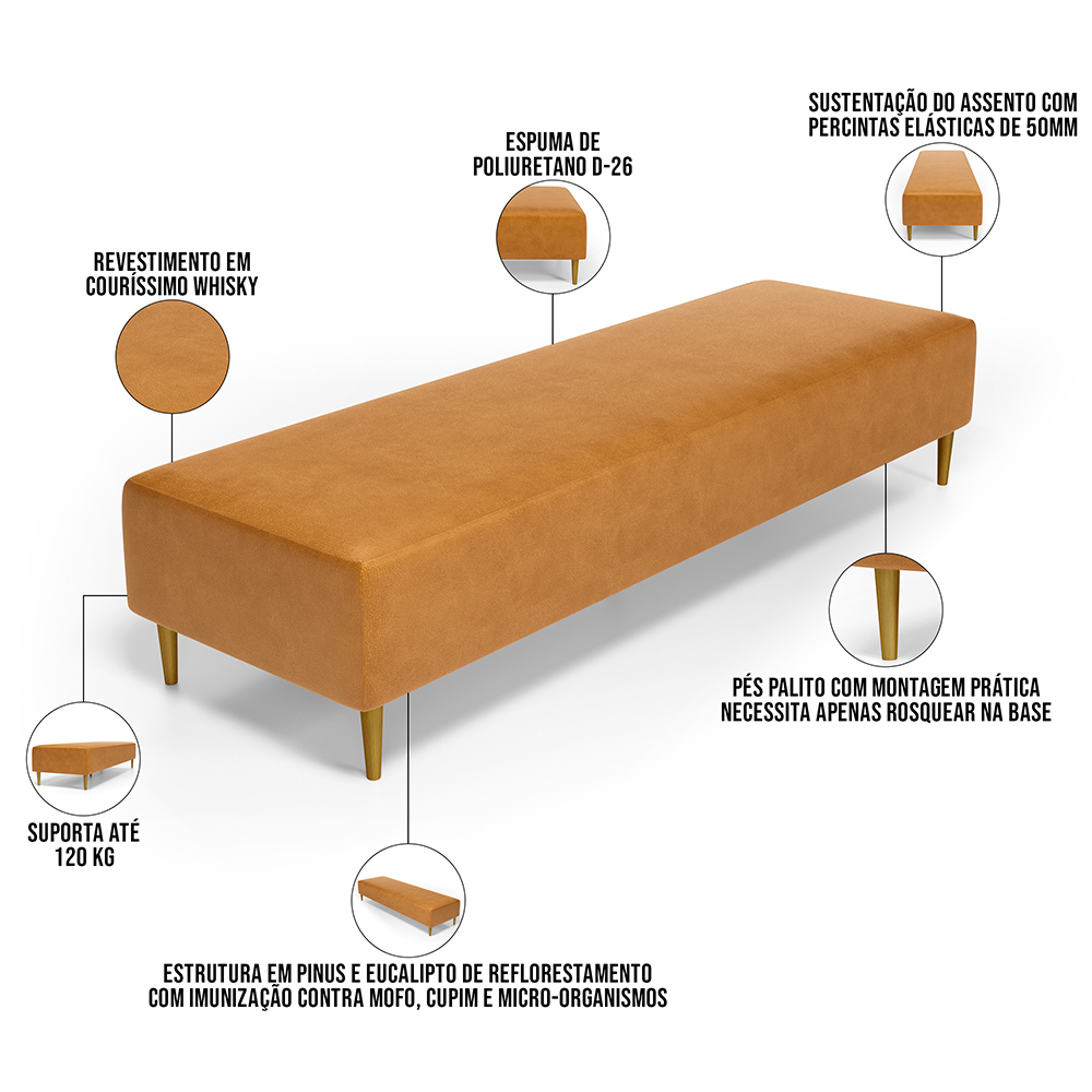 Kit 02 Puffs Decorativo Sala de Estar Bali W01 Pés Palito 190x60cm Couríssimo Whisky - Lyam Decor