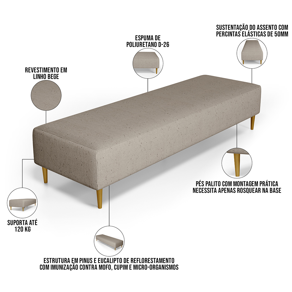 Kit 02 Puffs Decorativo Sala de Estar Bali W01 Pés Palito 190x60cm Linho Bege - Lyam Decor