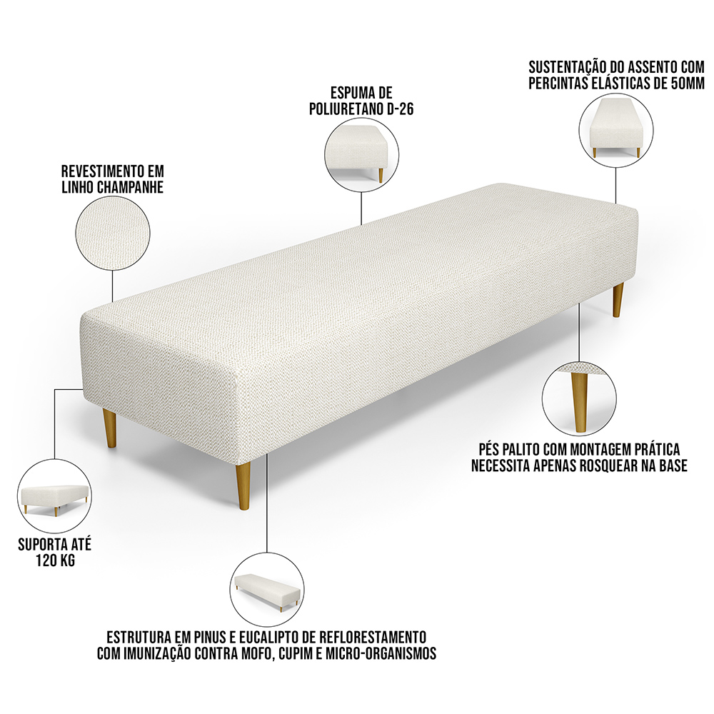 Kit 02 Puffs Decorativo Sala de Estar Bali W01 Pés Palito 190x60cm Linho Champagne - Lyam Decor