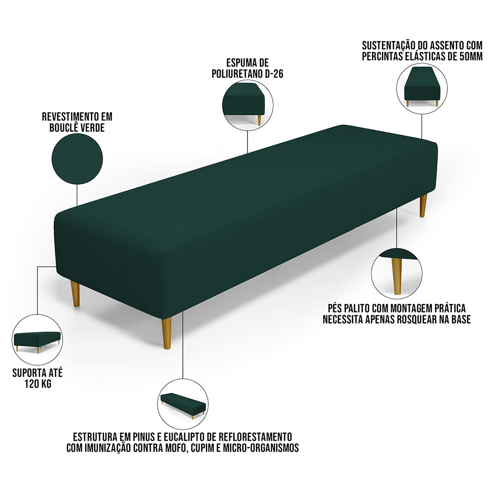 Kit 02 Puffs Decorativo Sala de Estar Bali W01 Pés Palito 210x60cm Bouclê Verde - Lyam Decor