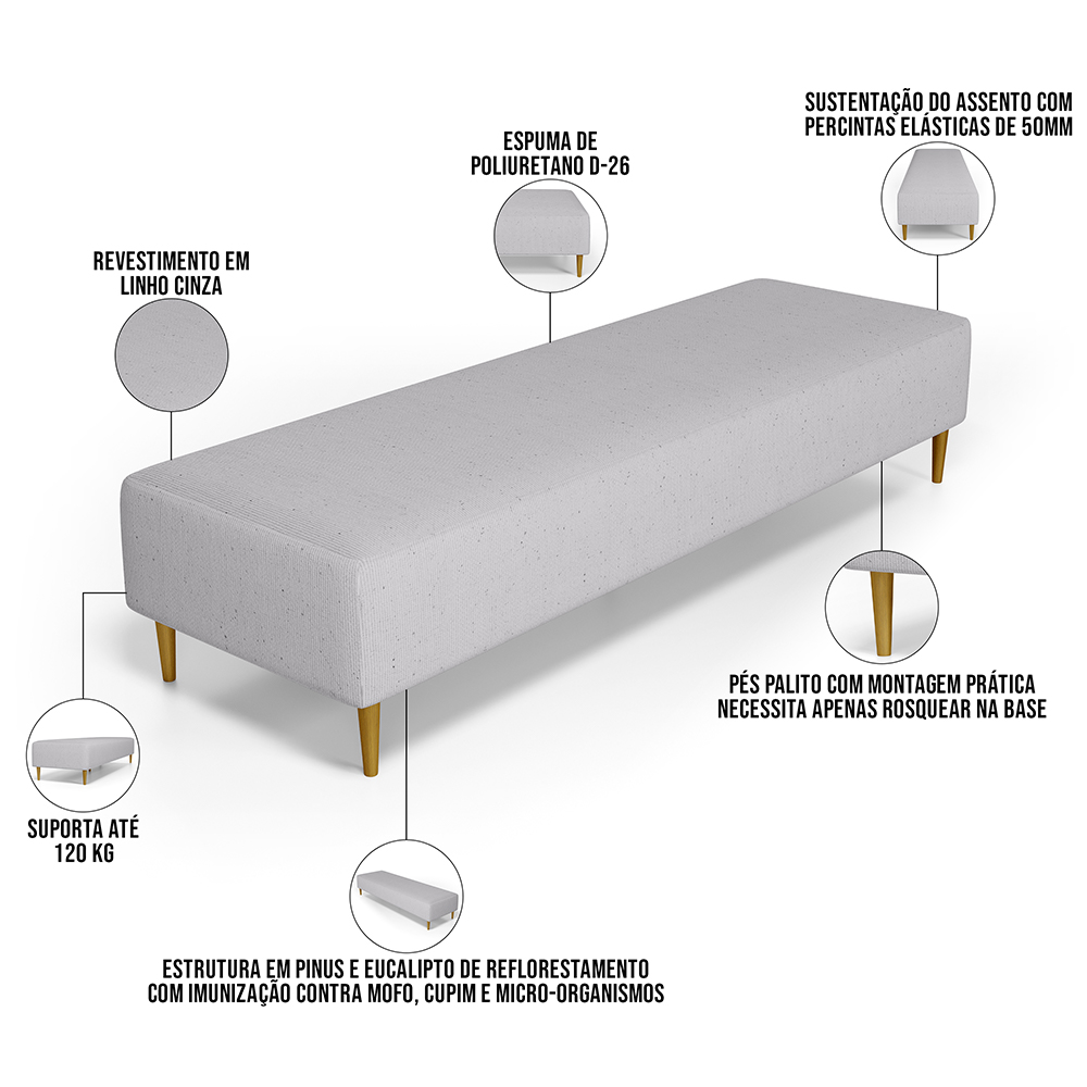 Kit 02 Puffs Decorativo Sala de Estar Bali W01 Pés Palito 210x60cm Linho Cinza - Lyam Decor