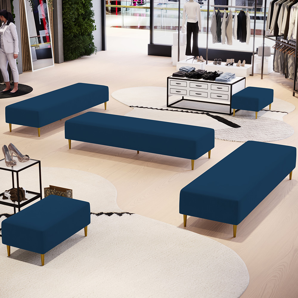 Kit 02 Puffs Decorativo Sala de Estar Bali W01 Pés Palito 210x60cm Suede Azul Marinho - Lyam Decor