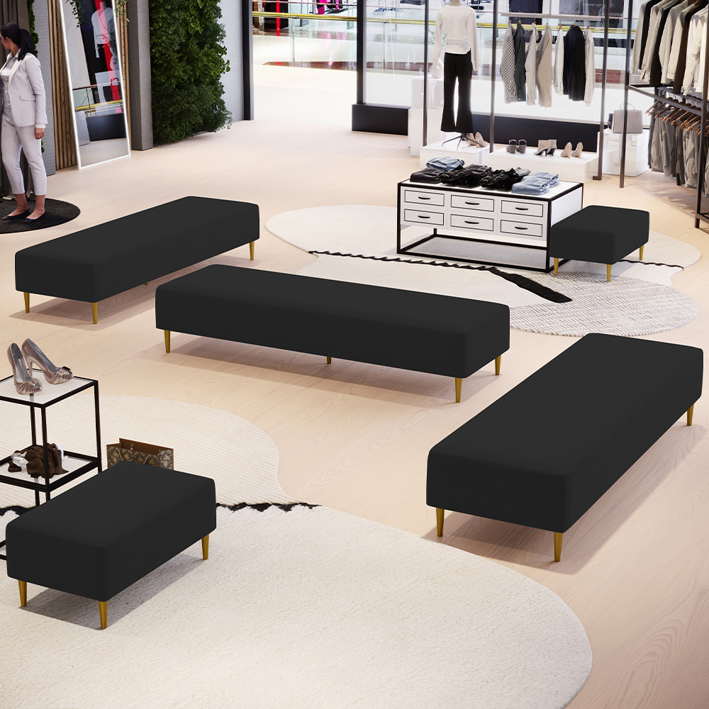 Kit 02 Puffs Decorativo Sala de Estar Bali W01 Pés Palito 210x60cm Suede Preto - Lyam Decor