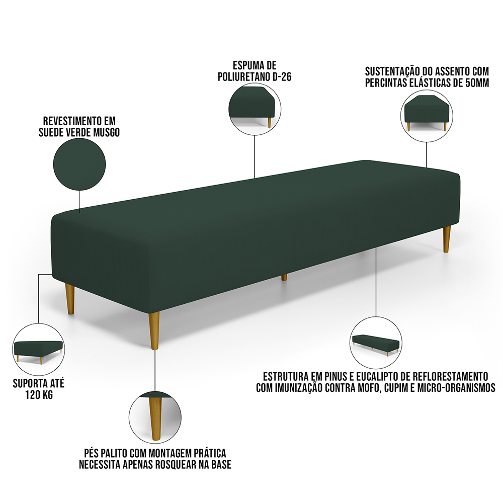 Kit 02 Puffs Decorativo Sala de Estar Bali W01 Pés Palito 210x60cm Suede Verde Musgo - Lyam Decor