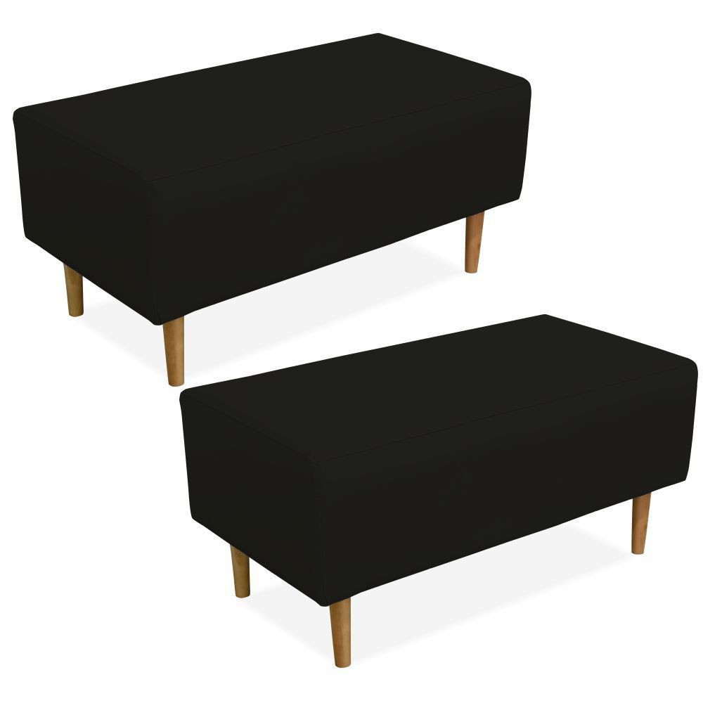 Kit 02 Puffs Decorativo Sala de Estar Cléo W01 Pés Palito 90 cm Corino Preto - Lyam Decor