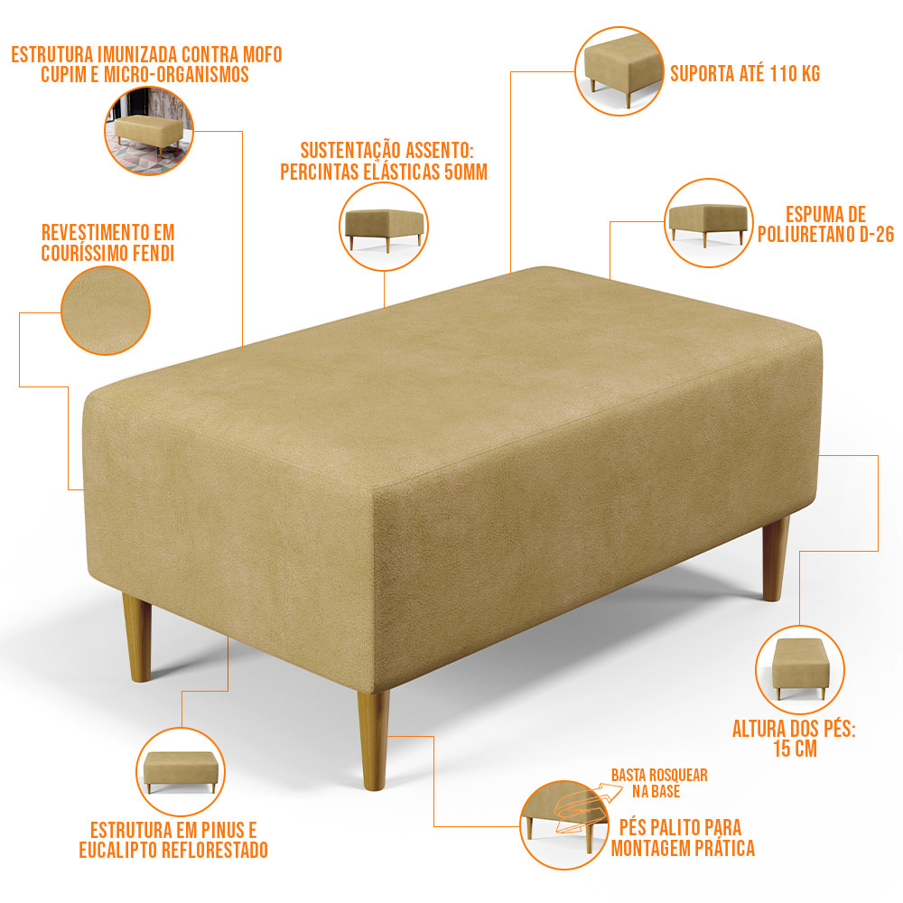 Kit 02 Puffs Decorativo Sala de Estar Cléo W01 Pés Palito 90 cm Couríssimo Casco Fendi - Lyam Decor