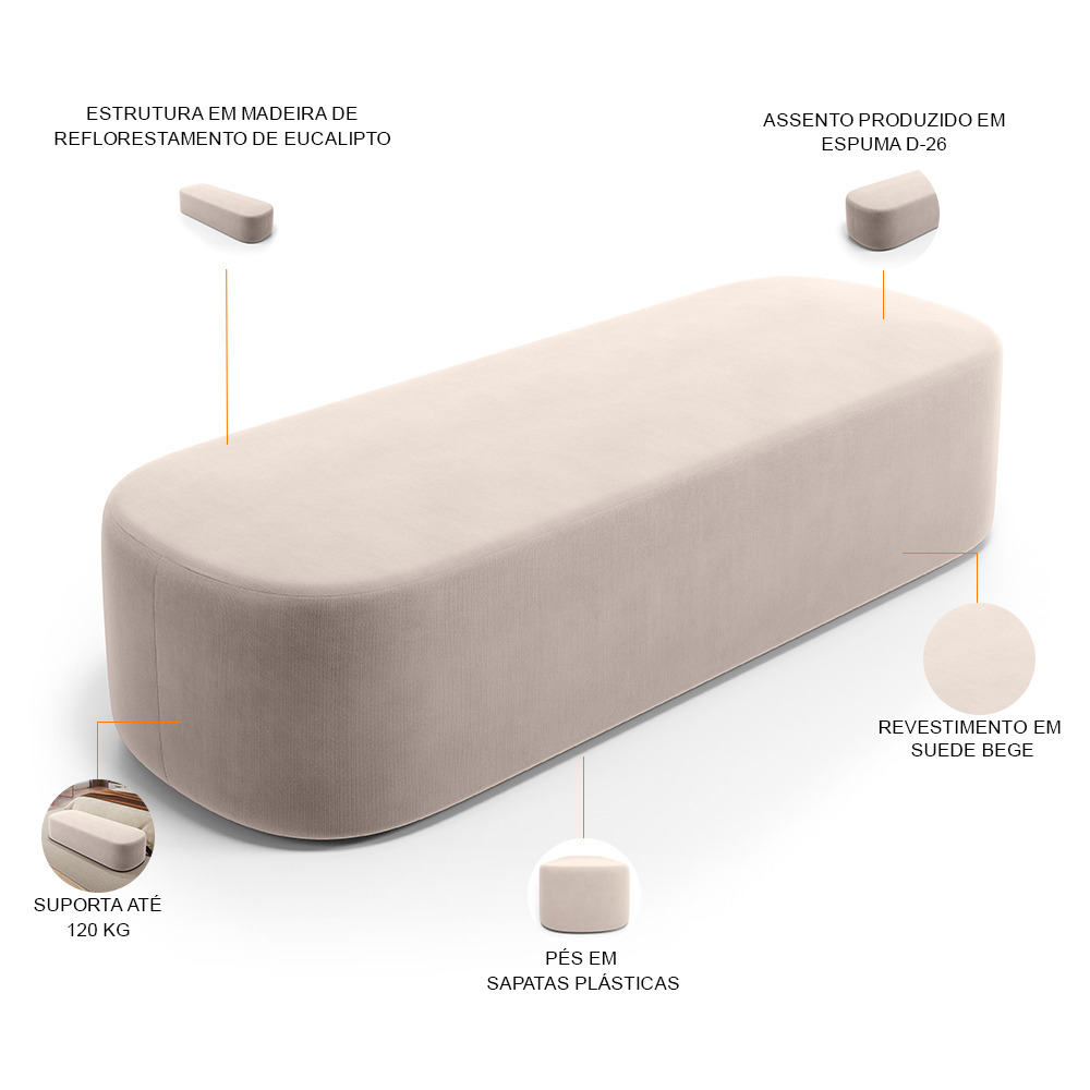 Kit 02 Puffs Decorativos Orgânico para Living Quarto 160cm Doha W01 Suede Bege - Lyam Decor