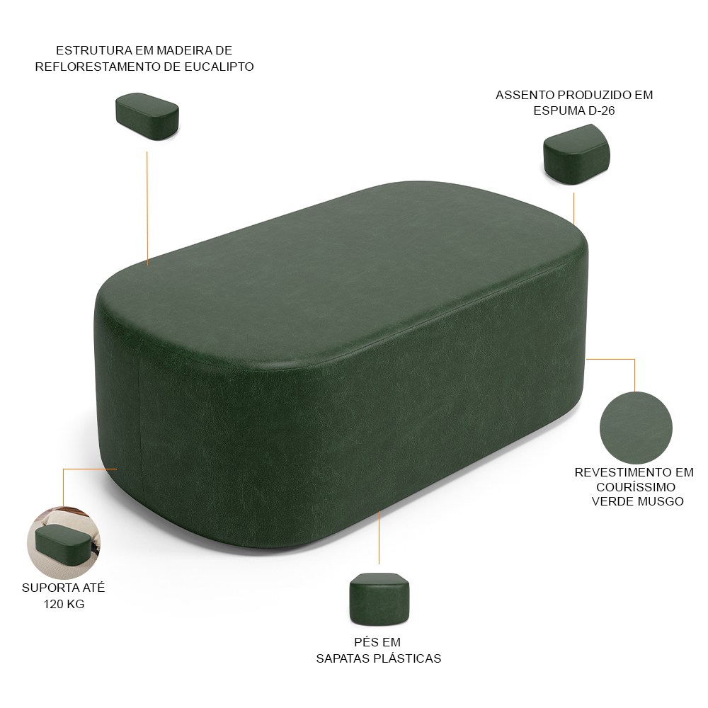 Kit 02 Puffs Decorativos Orgânicos Para Living Quarto 100cm Doha W01 Couríssimo Verde Musgo - Lyam Decor