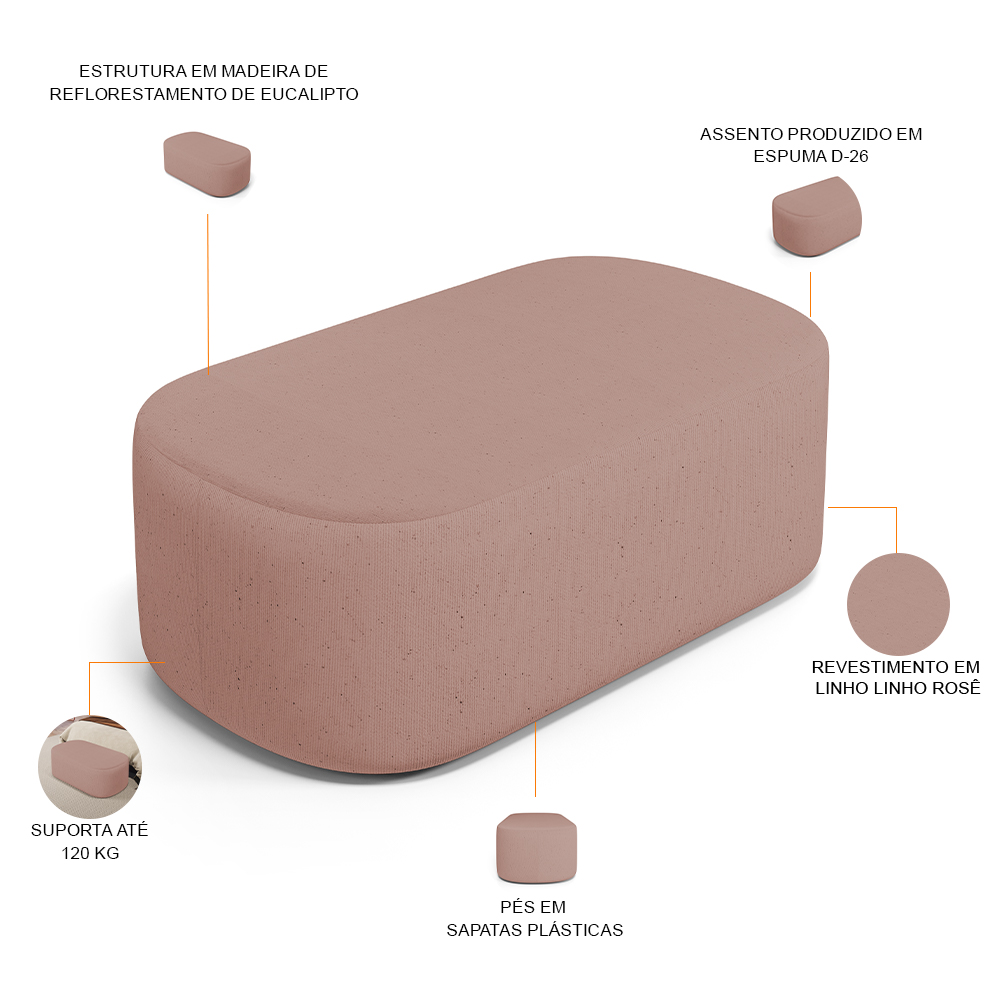 Kit 02 Puffs Decorativos Orgânicos Para Living Quarto 100cm Doha W01 Linho Rosê - Lyam Decor