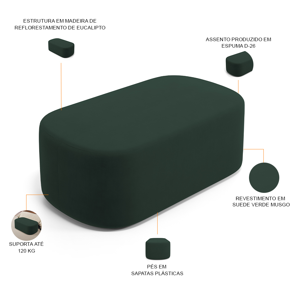 Kit 02 Puffs Decorativos Orgânicos Para Living Quarto 100cm Doha W01 Suede Verde Musgo - Lyam Decor
