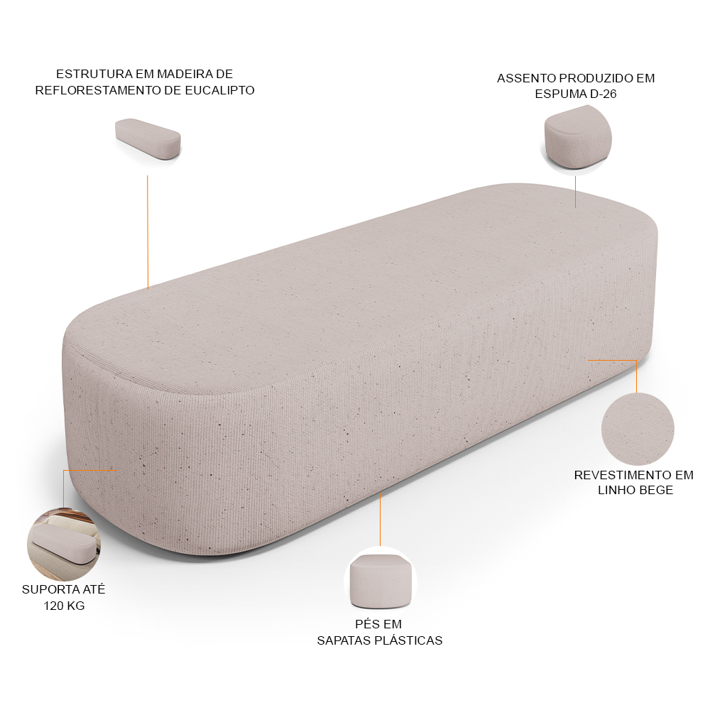 Kit 02 Puffs Decorativos Orgânicos Para Living Quarto 140cm Doha W01 Linho Bege - Lyam Decor