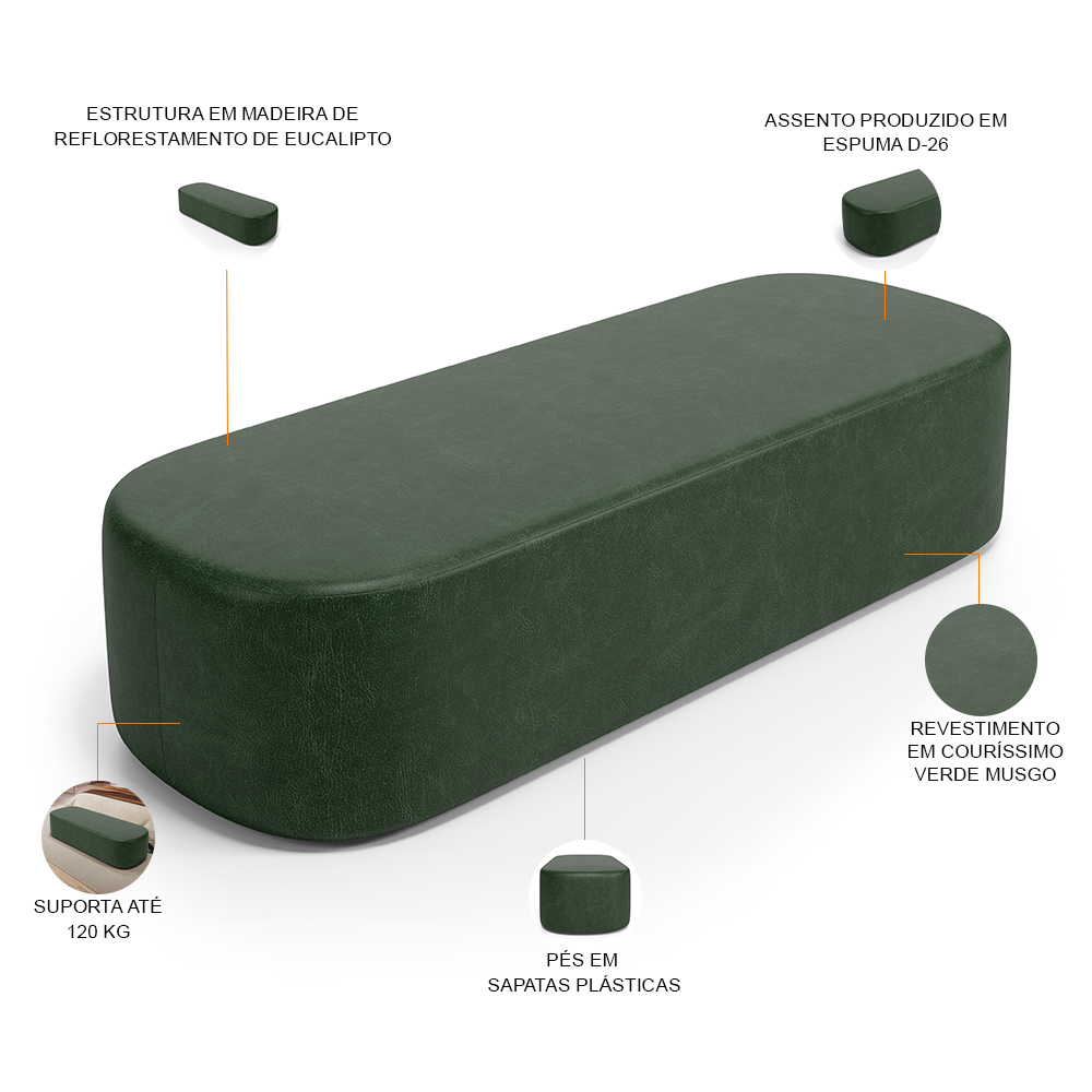 Kit 02 Puffs Decorativos Orgânicos Para Living Quarto 160cm Doha W01 Couríssimo Verde Musgo - Lyam Decor