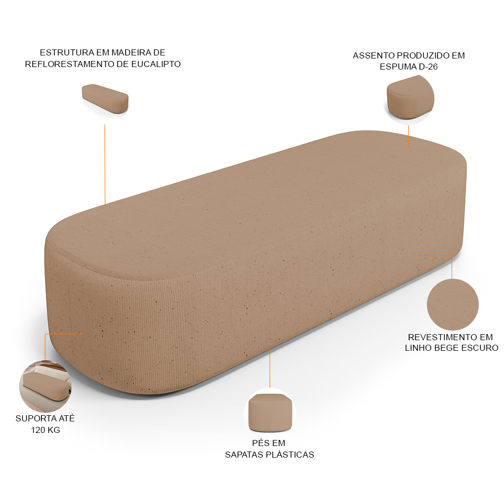 Kit 02 Puffs Decorativos Orgânicos Para Living Quarto 160cm Doha W01 Linho Bege Escuro - Lyam Decor
