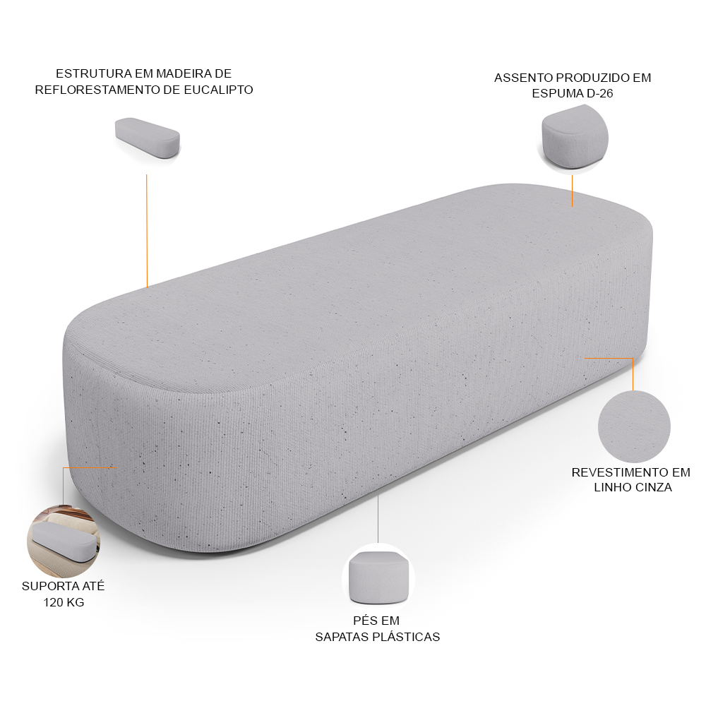 Kit 02 Puffs Decorativos Orgânicos Para Living Quarto 160cm Doha W01 Linho Cinza - Lyam Decor
