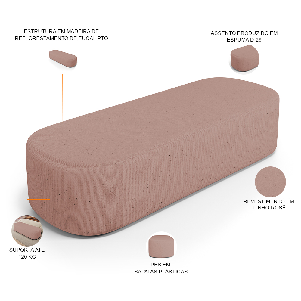 Kit 02 Puffs Decorativos Orgânicos Para Living Quarto 160cm Doha W01 Linho Rosê - Lyam Decor