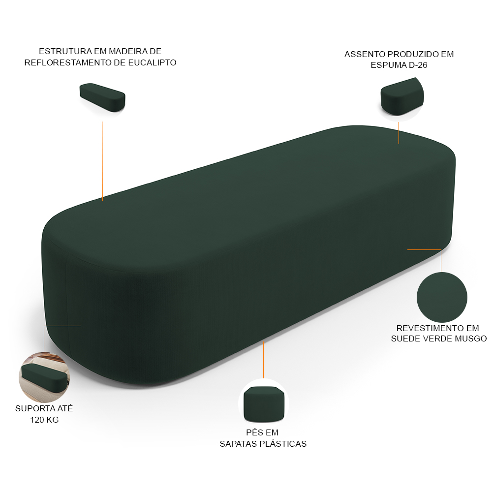 Kit 02 Puffs Decorativos Orgânicos Para Living Quarto 160cm Doha W01 Suede Verde Musgo - Lyam Decor