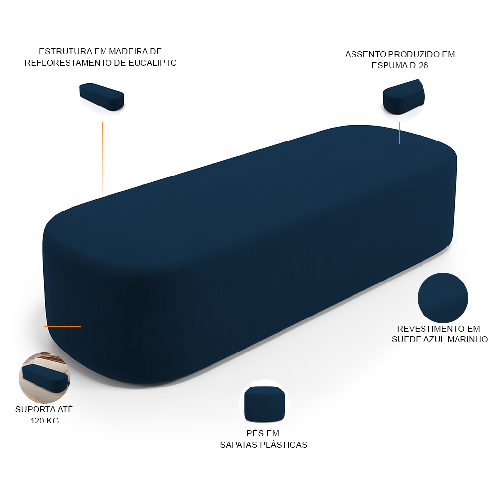 Kit 02 Puffs Decorativos Orgânicos Para Living Quarto 195cm Doha W01 Suede Azul Marinho - Lyam Decor