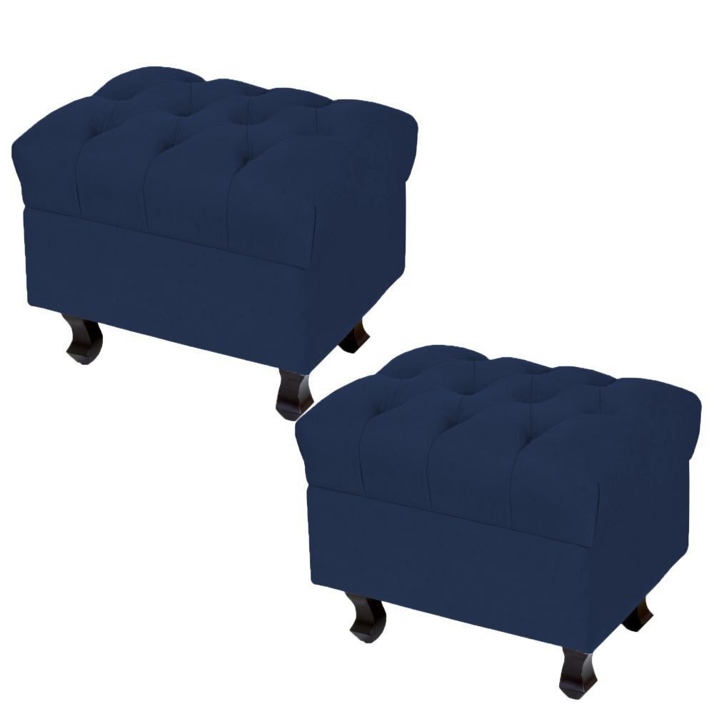 Kit 02 Puffs Decorativos París L02 Luis XV Capitone Suede Azul Marinho - Lyam Decor