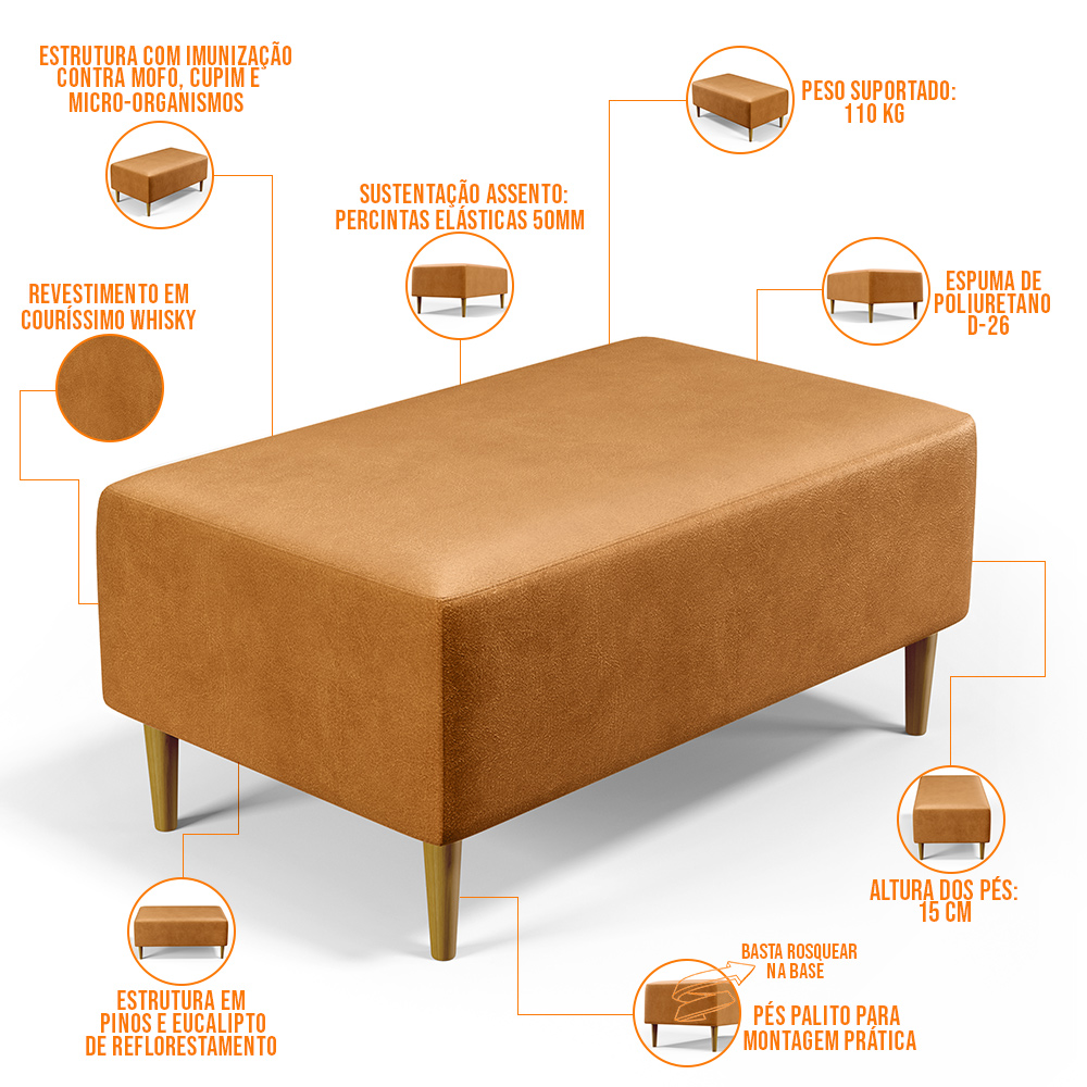 Kit 02 Puffs Decorativos Para Sala De Estar Cléo W01 Pés Palito 90 cm Courissímo Whisky - Lyam Decor