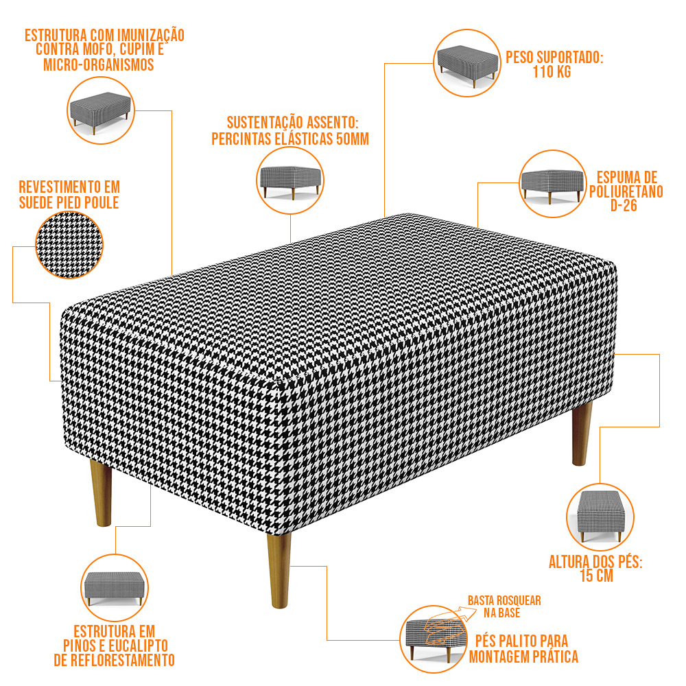 Kit 02 Puffs Decorativos Para Sala De Estar Cléo W01 Pés Palito 90 cm Pied Poule - Lyam Decor