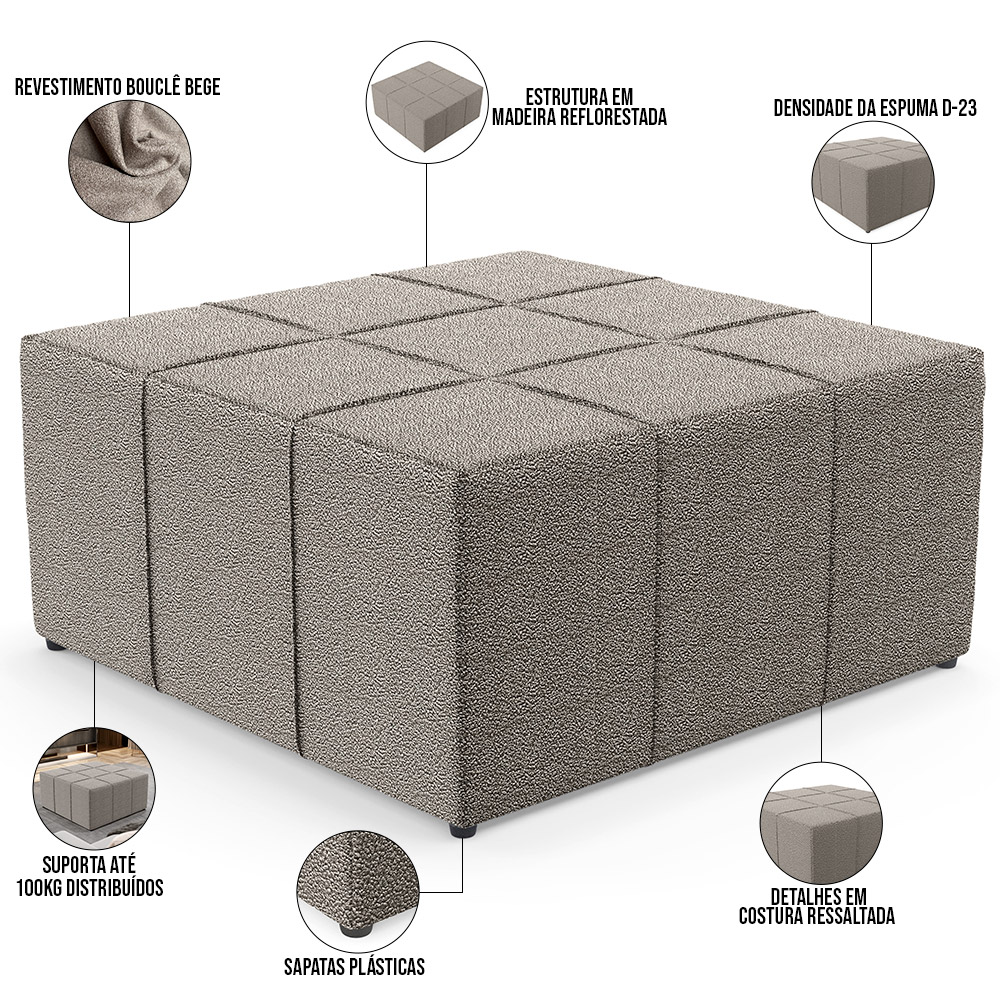 Kit 02 Puffs Decorativos Para Sala De Estar Quadrado Milano 90x90 W01 Bouclê Bege - Lyam Decor