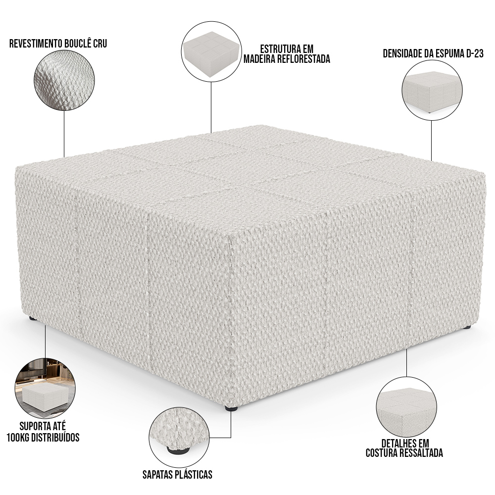 Kit 02 Puffs Decorativos Para Sala De Estar Quadrado Milano 90x90 W01 Bouclê Cru - Lyam Decor