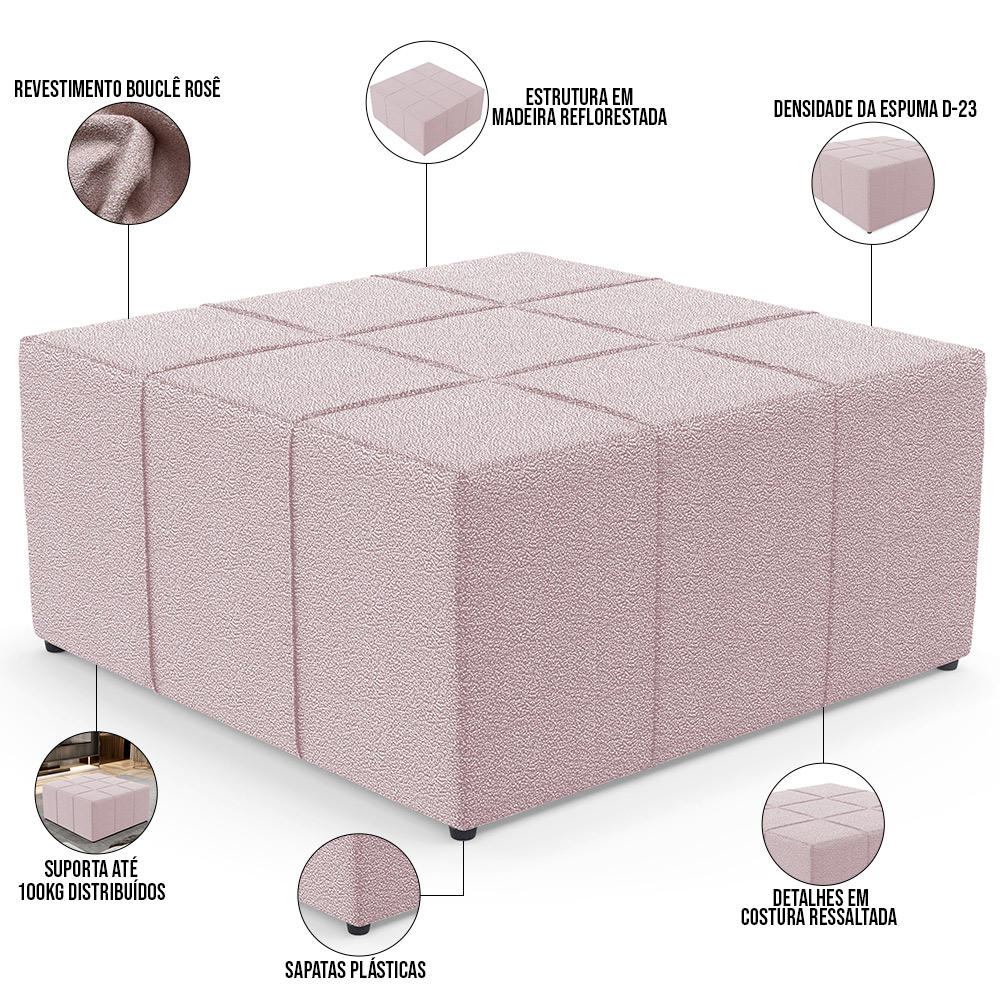 Kit 02 Puffs Decorativos Para Sala De Estar Quadrado Milano 90x90 W01 Bouclê Rosê - Lyam Decor