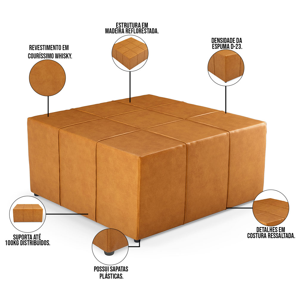 Kit 02 Puffs Decorativos Para Sala De Estar Quadrado Milano 90x90 W01 Couríssimo Whisky - Lyam Decor