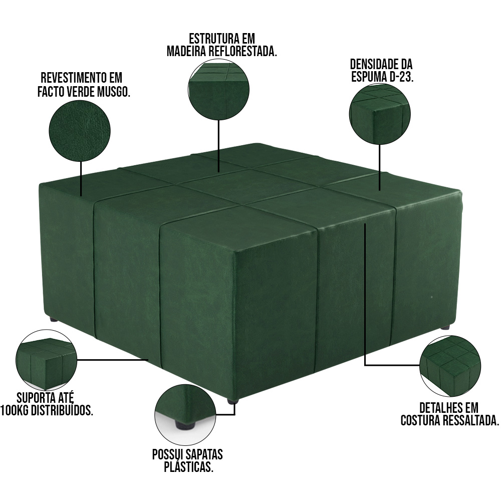 Kit 02 Puffs Decorativos Para Sala De Estar Quadrado Milano 90x90 W01 Facto Verde Musgo - Lyam Decor