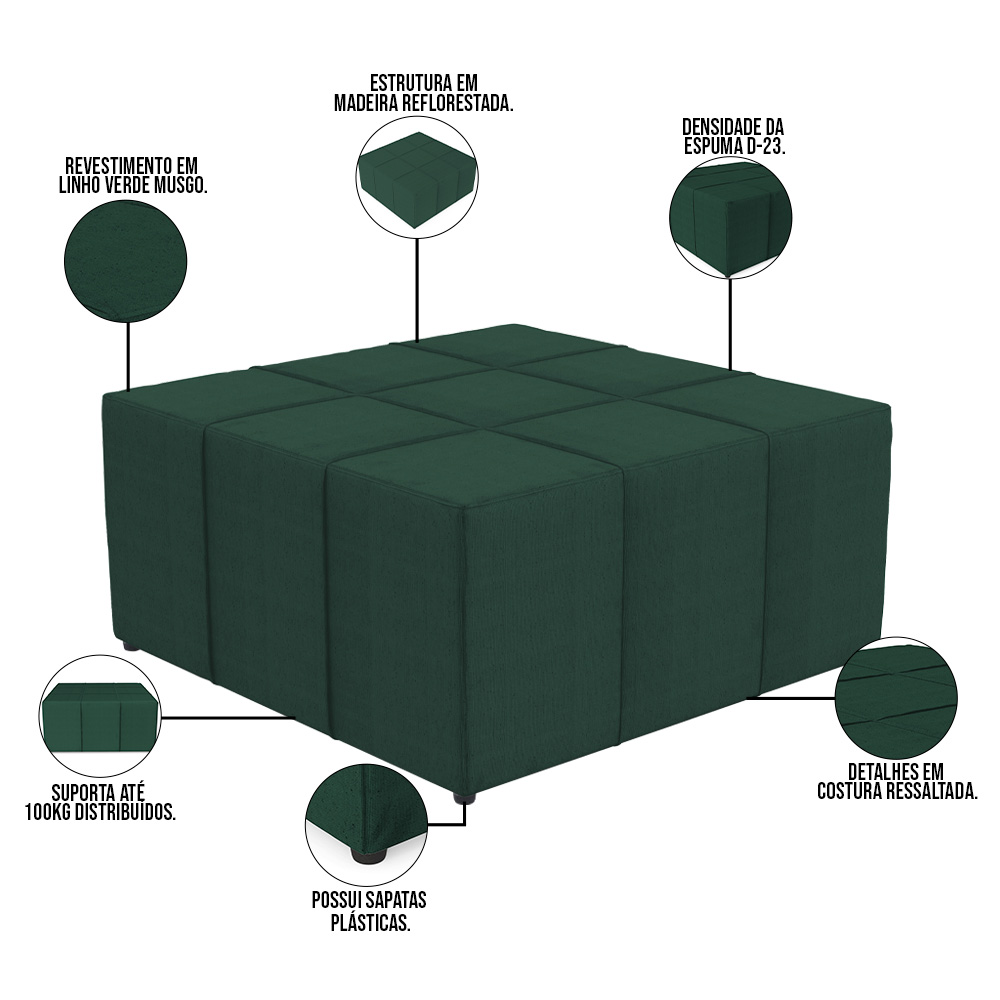 Kit 02 Puffs Decorativos Para Sala de Estar Quadrado Milano 90x90 W01 Linho Verde Musgo - Lyam Decor