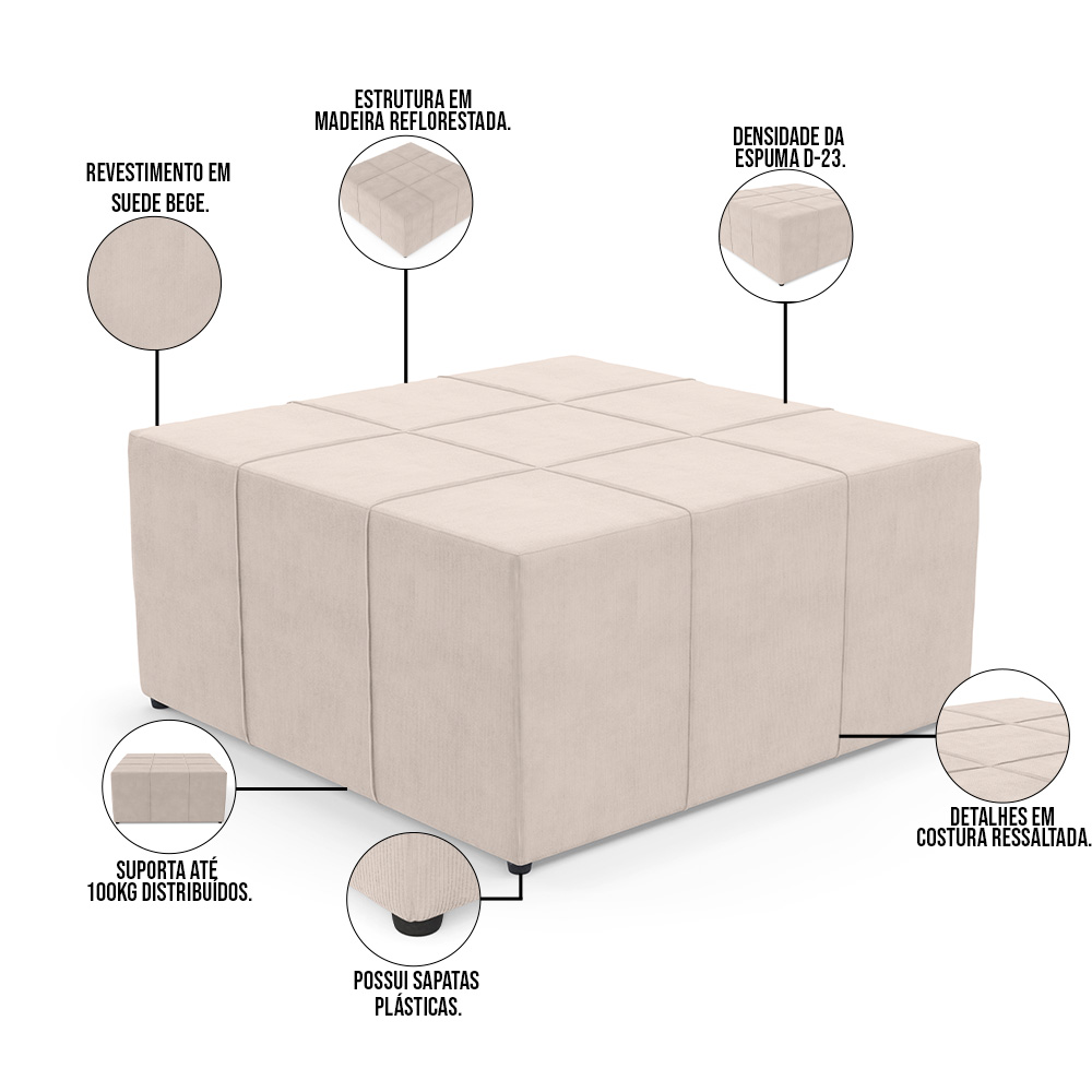 Kit 02 Puffs Decorativos Para Sala de Estar Quadrado Milano 90x90 W01 Suede Bege - Lyam Decor