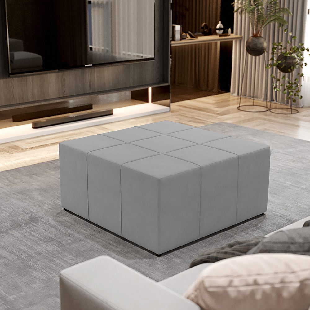 Kit 02 Puffs Decorativos Para Sala de Estar Quadrado Milano 90x90 W01 Suede Cinza - Lyam Decor