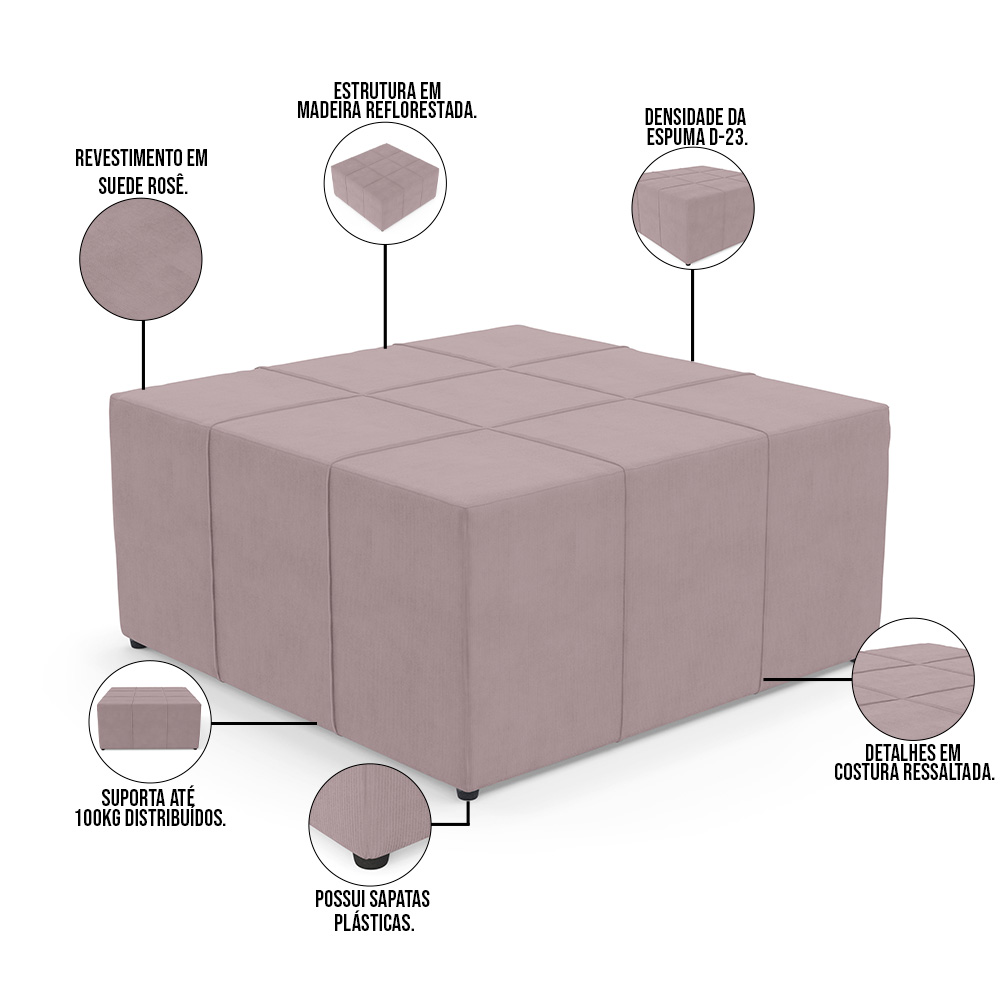 Kit 02 Puffs Decorativos Para Sala de Estar Quadrado Milano 90x90 W01 Suede Rosê - Lyam Decor