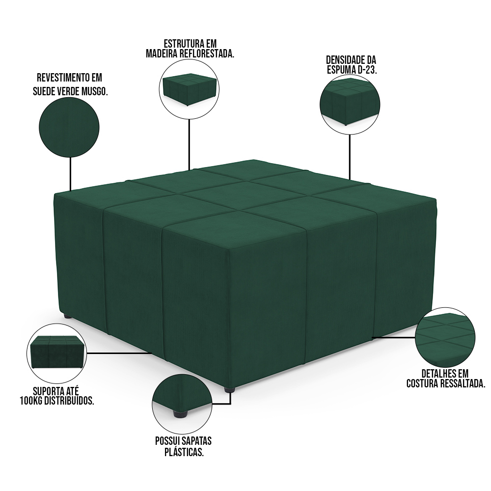 Kit 02 Puffs Decorativos Para Sala de Estar Quadrado Milano 90x90 W01 Suede Verde Musgo - Lyam Decor