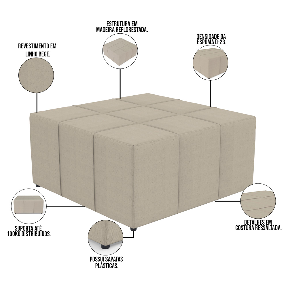 Kit 02 Puffs Decorativos Para Sala de Estar Quadrado Milano 90x90cm W01 Linho Bege - Lyam Decor