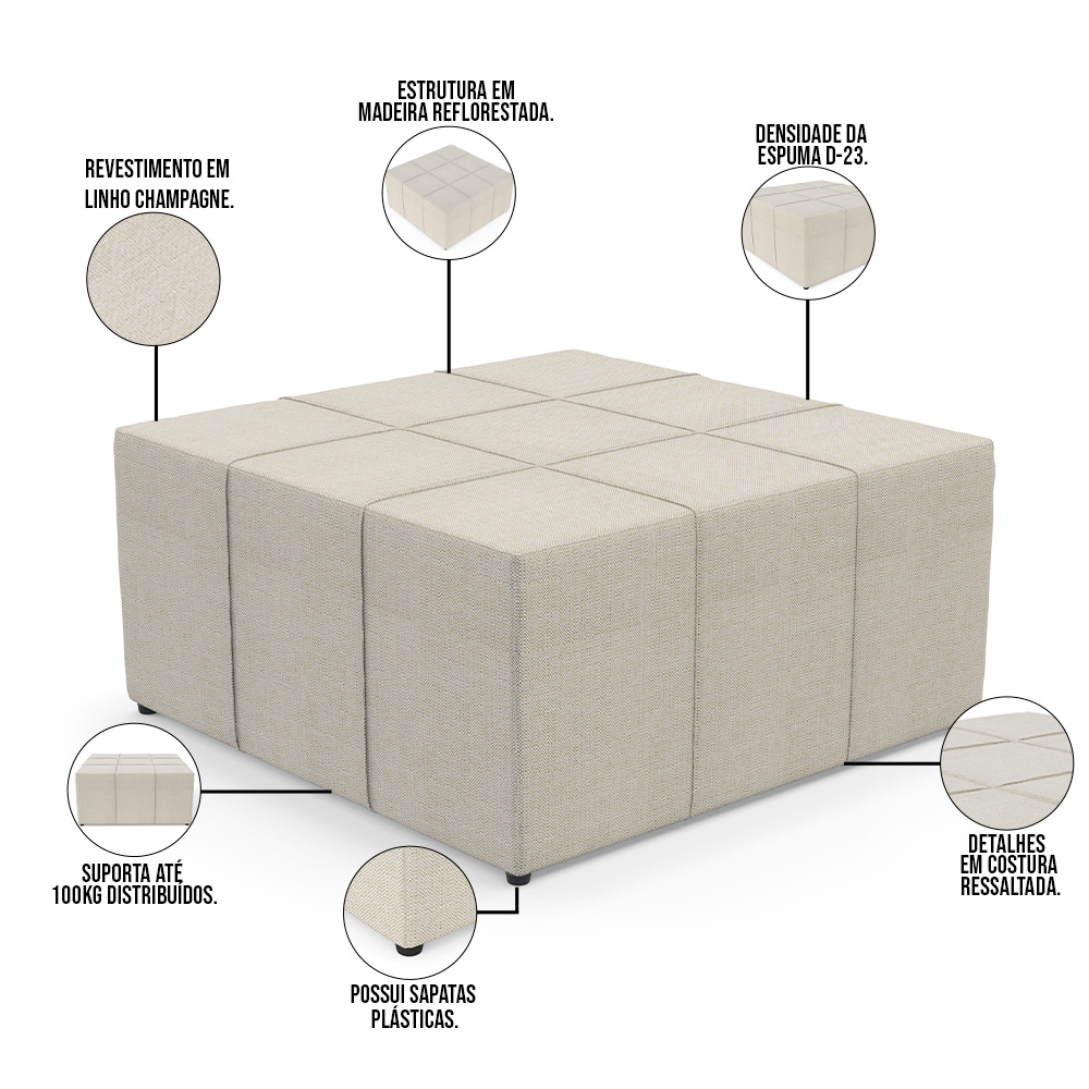 Kit 02 Puffs Decorativos Para Sala de Estar Quadrado Milano 90x90cm W01 Linho Champagne - Lyam Decor