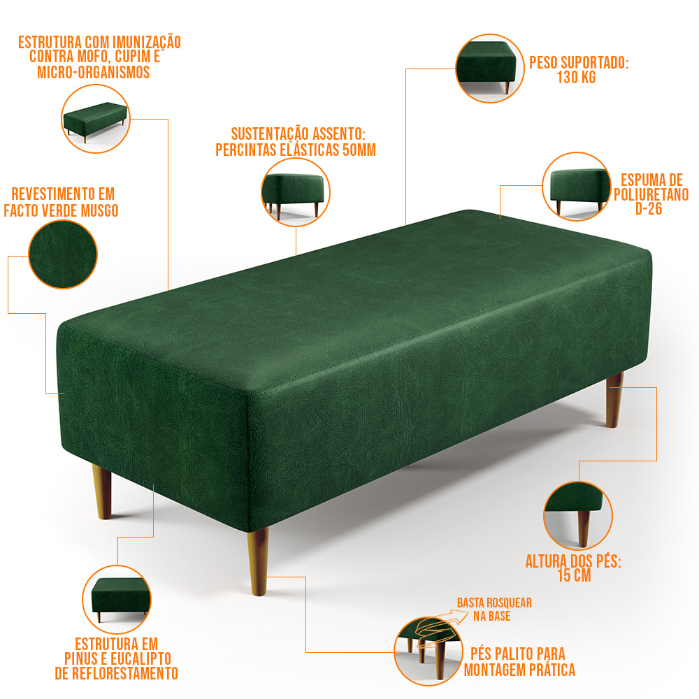 Kit 02 Puffs Decorativos Sala Estar Bali W01 Pés Palito 120x50cm Facto Verde Musgo - Lyam Decor
