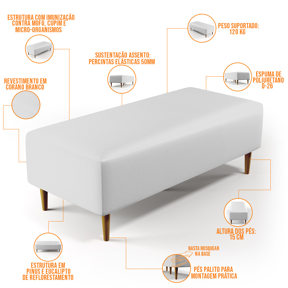 Kit 02 Puffs Decorativos Sala de Estar Bali W01 Pés Palito 120x50 cm Corano Branco - Lyam Decor