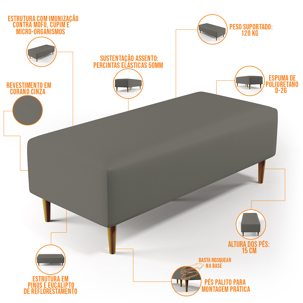 Kit 02 Puffs Decorativos Sala de Estar Bali W01 Pés Palito 120x50 cm Corano Cinza - Lyam Decor