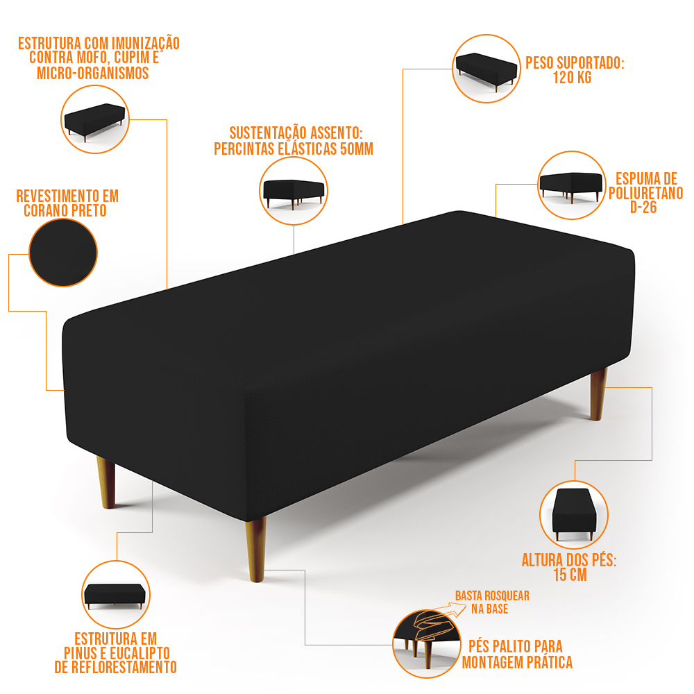 Kit 02 Puffs Decorativos Sala de Estar Bali W01 Pés Palito 120x50 cm Corano Preto - Lyam Decor