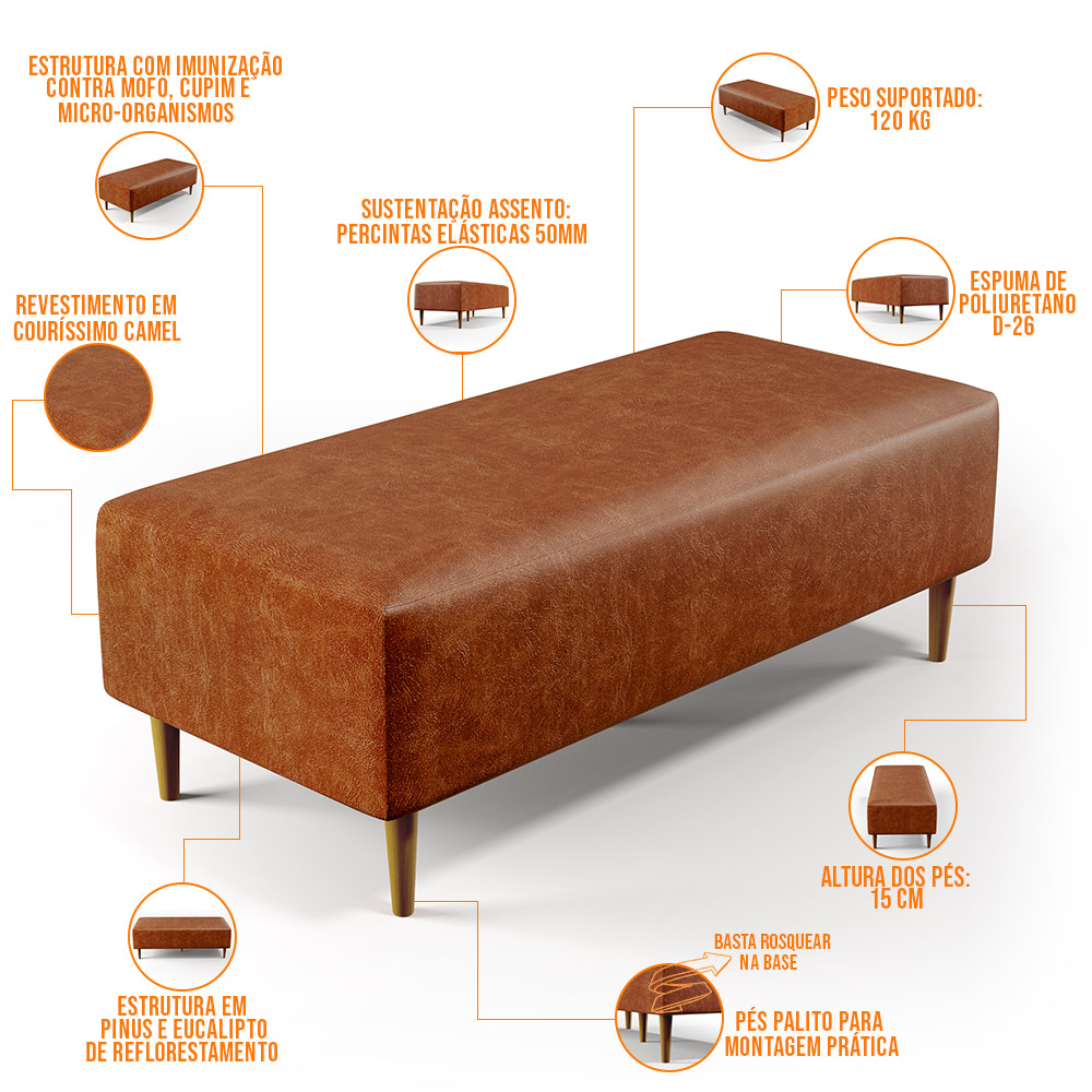 Kit 02 Puffs Decorativos Sala de Estar Bali W01 Pés Palito 120x50 cm Couríssimo Camel - Lyam Decor