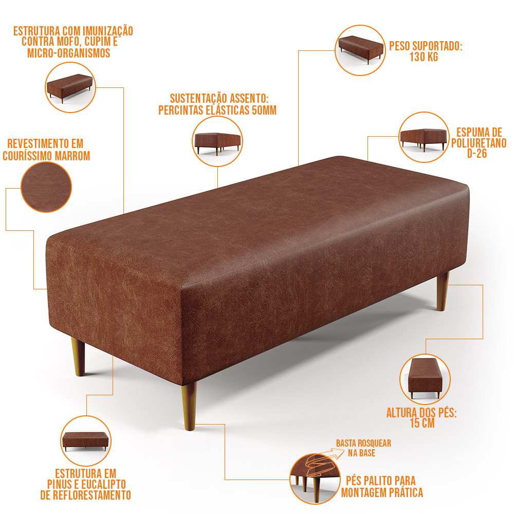 Kit 02 Puffs Decorativos Sala de Estar Bali W01 Pés Palito 120x50 cm Couríssimo Marrom - Lyam Decor