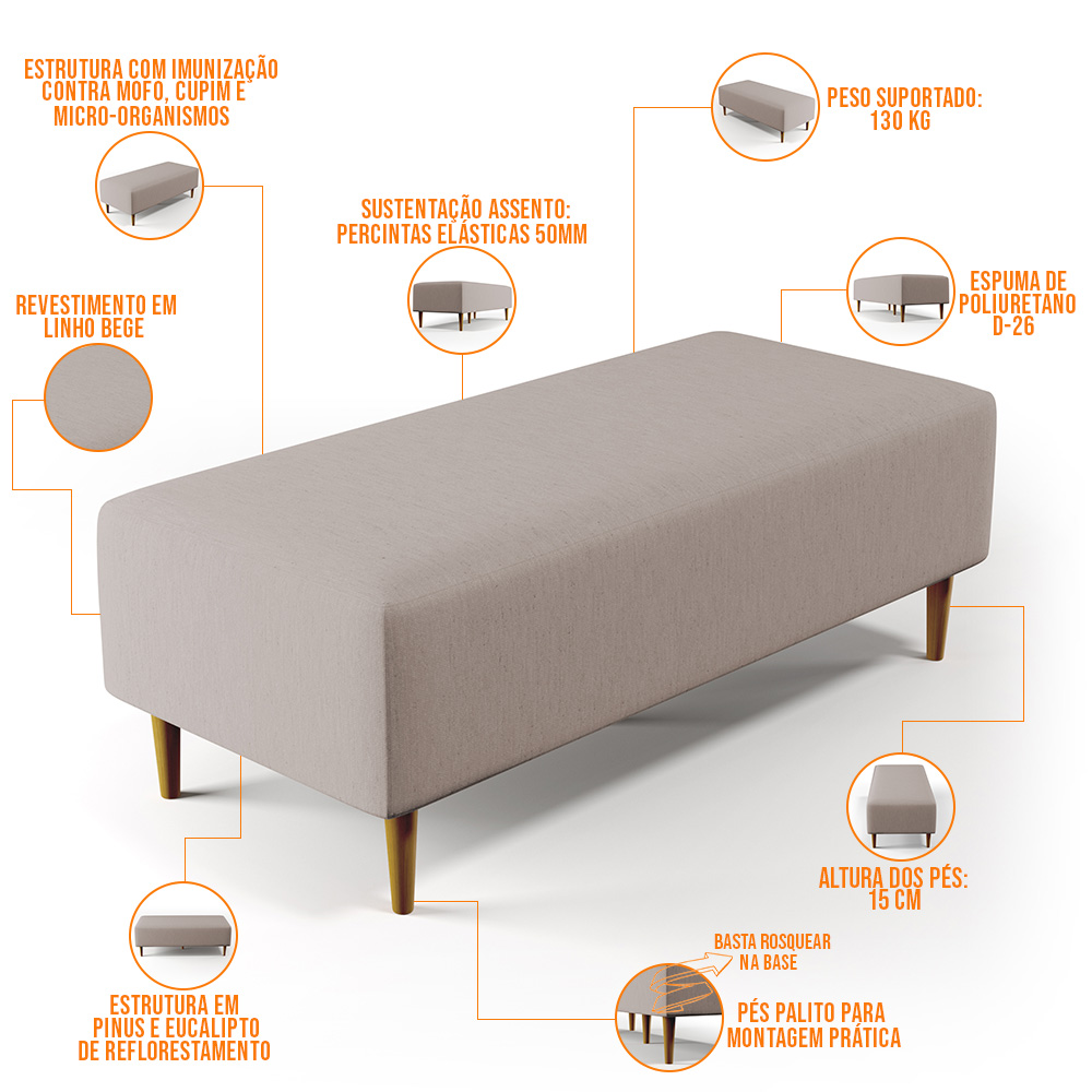 Kit 02 Puffs Decorativos Sala de Estar Bali W01 Pés Palito 120x50 cm Linho Bege - Lyam Decor