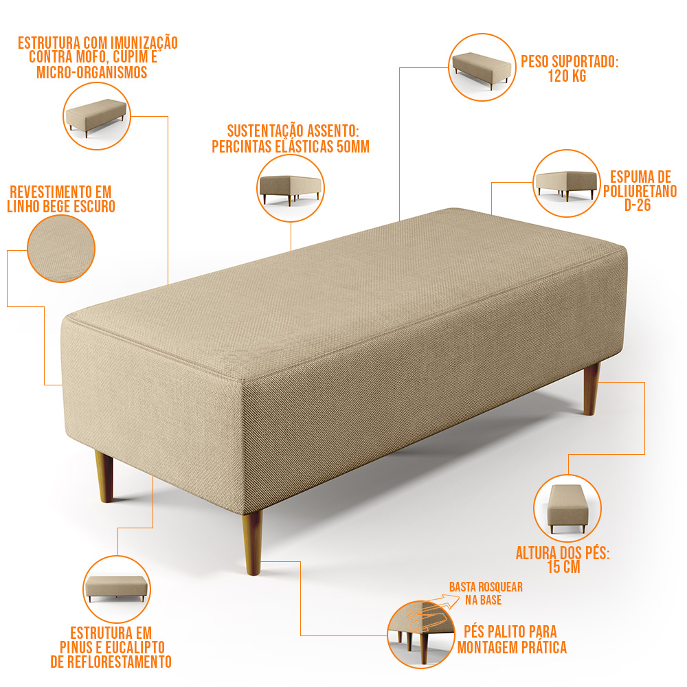 Kit 02 Puffs Decorativos Sala de Estar Bali W01 Pés Palito 120x50 cm Linho Bege Escuro - Lyam Decor