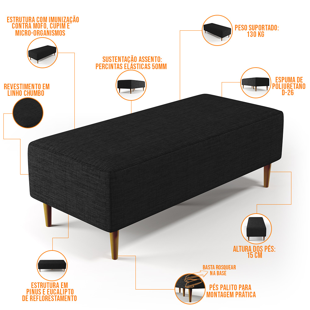 Kit 02 Puffs Decorativos Sala de Estar Bali W01 Pés Palito 120x50 cm Linho Chumbo - Lyam Decor