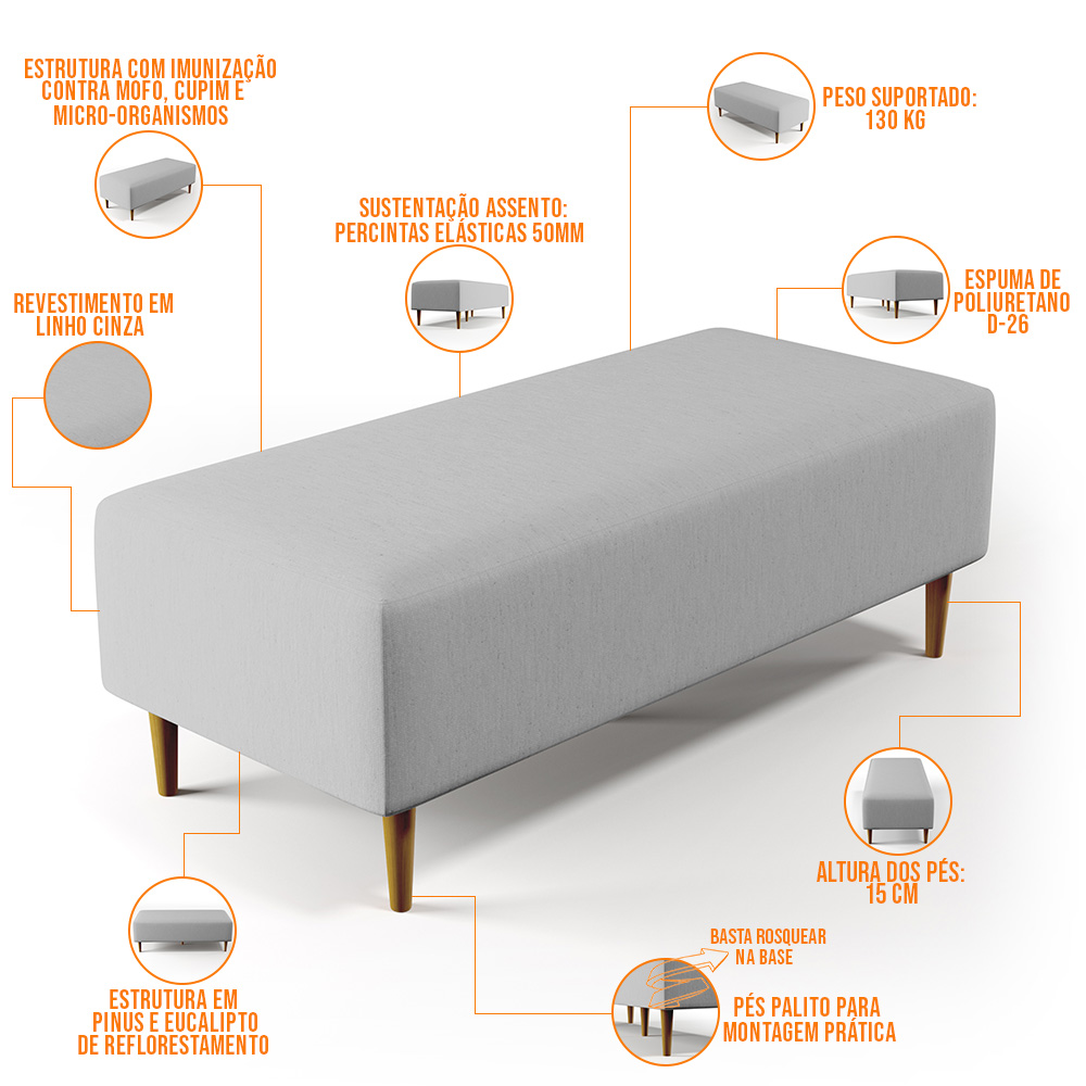 Kit 02 Puffs Decorativos Sala de Estar Bali W01 Pés Palito 120x50 cm Linho Cinza - Lyam Decor