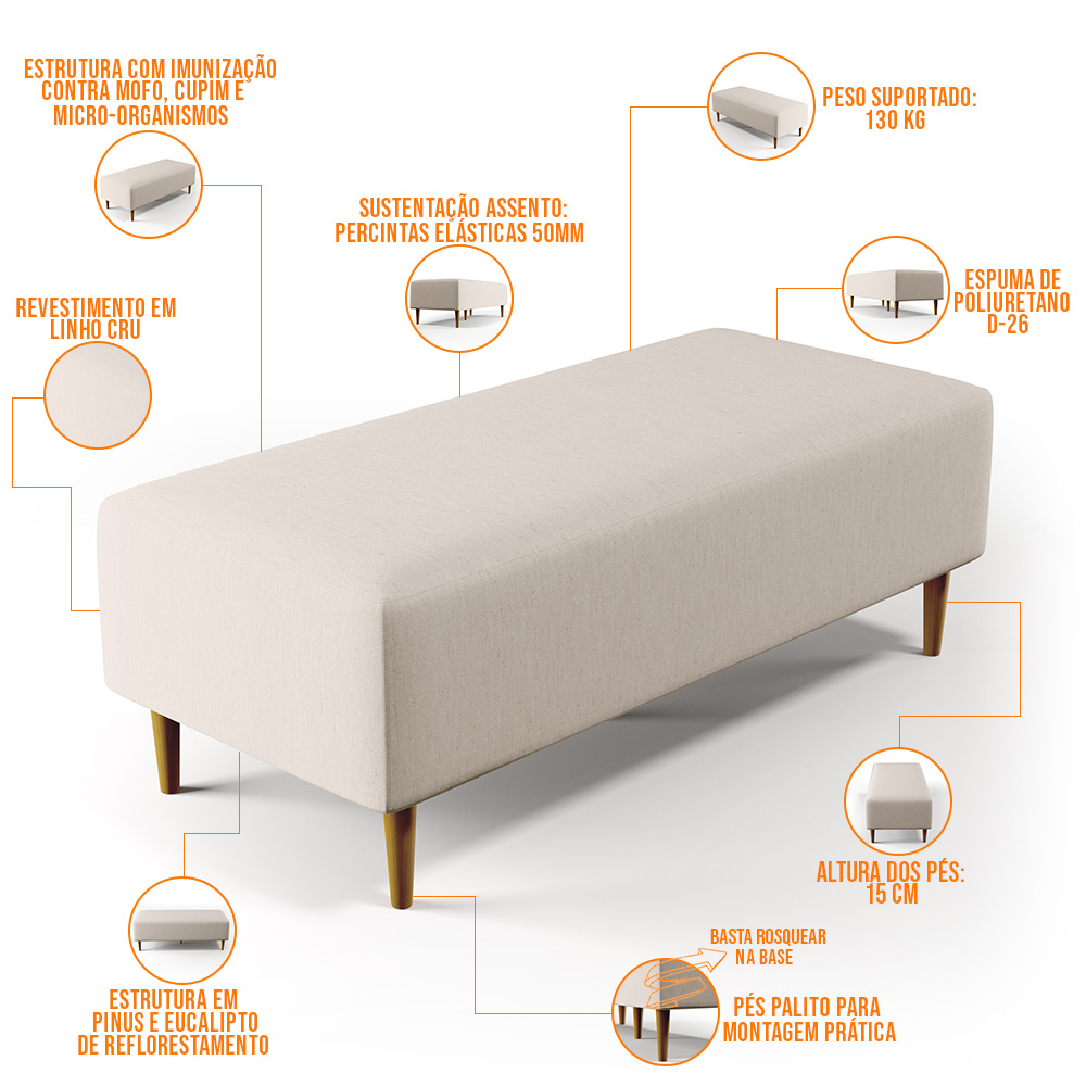 Kit 02 Puffs Decorativos Sala de Estar Bali W01 Pés Palito 120x50 cm Linho Cru - Lyam Decor