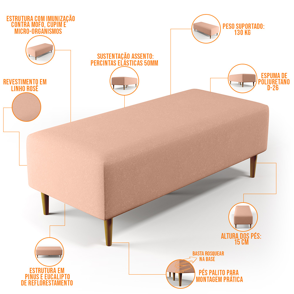 Kit 02 Puffs Decorativos Sala de Estar Bali W01 Pés Palito 120x50 cm Linho Rosê - Lyam Decor